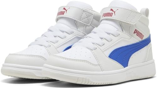 PUMA Jungen Unisex Kinder Rebound V6 MID AC+ PS Sneaker, White-Vivid Blue-Feather Gray, 28 EU