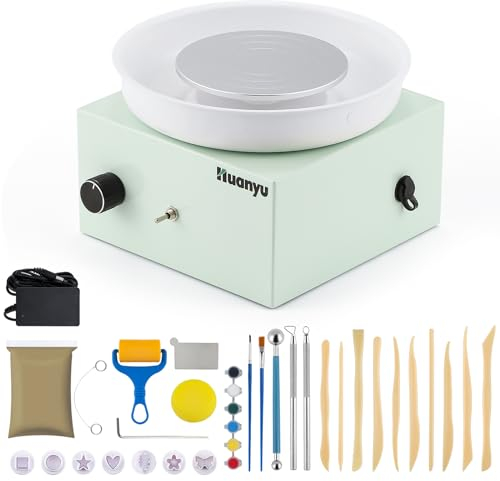 Huanyu Ruota di Ceramica 10cm/4in Mini Elettrico Ruota di Ceramica Piccoli vasai per i Principianti 0-2000RPM velocità Regolabile Ceramica Ruota di Ceramica con 27pcs Ceramica Strumenti Kit (Verde)