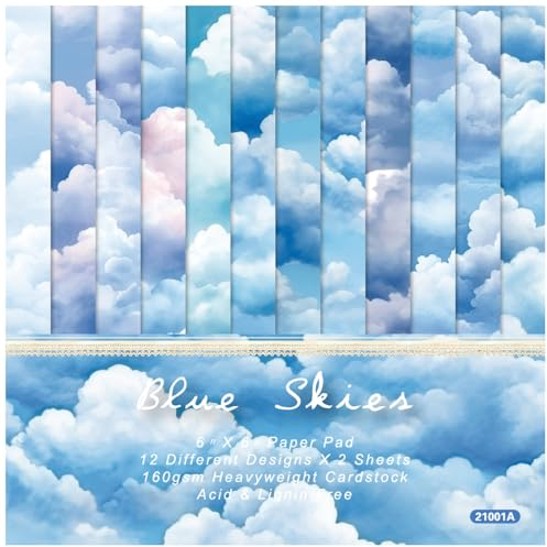 ZAKHSE Motivpapier 15,2x15,2cm, 24 Blätter Designpapier Blauer Himmel Weiße Wolken Einseitig Bedruckt Scrapbook Papier Dekoratives Bastelpapier 160gsm Papierblock für Basteln Handwerk-12 Designs