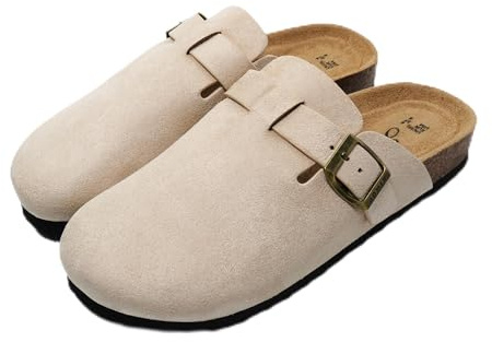 JOMIX Chaussons Sabots Femme en Daim avec Boucle Élégant Pantoufles Sandales à Semelle en Liège Confortable pour Intérieur et Extérieur MD2438 (Beige Clair, 38)