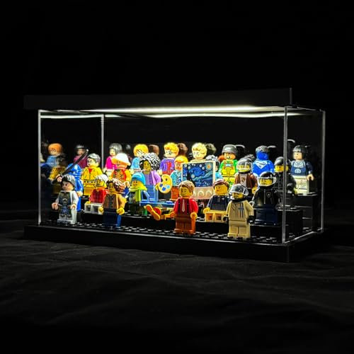 Minifiguren-Vitrine mit LED-Lichtern – Klare staubdichte Acryl-Displaybox Aufbewahrung – Abnehmbarer und frei montierter Ziegelboden (klares Acryl)
