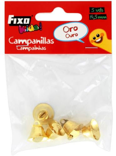 Fixo Kids - Bolsa 5 Campanillas Metal Dorado 14,5mm ø, Manualidades Escolares y Decoraciones Infantiles, Navidad, Celebraciones y Fiestas