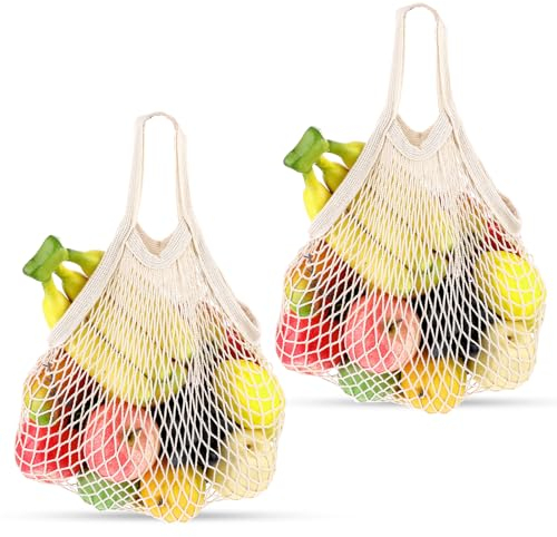 Jeffdad 2 Stück Einkaufstasche Wiederverwendbare, Netz Einkaufstaschen Baumwollseil Einkaufsnetz Produktbeutel Mesh Tasche Faltbar Netzbeutel für Obst Gemüse Einkauf Mark(Kurzer Griff)