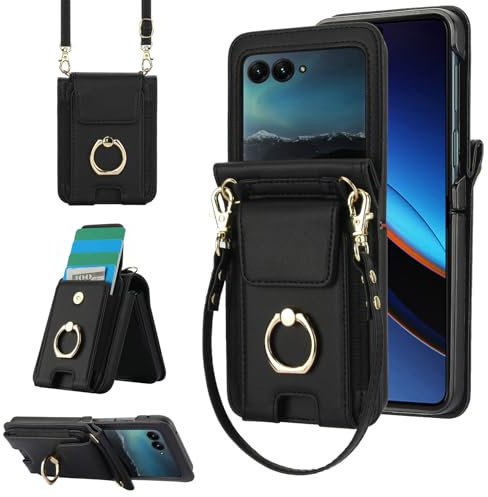 Asuwish Phone Case for Moto Razr 50/Moto Razr 2024 Wallet Cover with Ring and Crossbody Wrist Strap Lanyard Credit Card Holder Slot Stand Cell Leather Purse INE-LX1 Razor Razer Women Men Girls Black