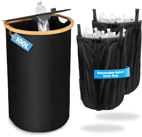 MOWETOO Botellas de depósito de 100 l, almacenamiento con 2 bolsillos interiores, colector de botellas vacías, vidrio usado y papel usado, recipiente de reciclaje con tapa y orificio para cocina