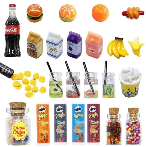 25 Stück Miniatur Zubehör Essen und Trinken, Puppenhaus Zubehör Wichtel Geschenke 1/12 Mini Spielzeug Wichtel Zubehör Miniatur Deko Süßigkeiten Mini Verse Küche Miniatur Lebensmittel Set