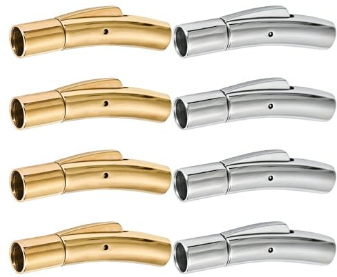 Sixfolo 8 Stück Lederband Verschluss 4mm Armband Verschlüsse Edelstahl Bajonettverschluss Schmuck Leder Endkappen Verschluss für Dünnes Leder Seil Schnur Halskette Armbänder Herstellung (Gold Silber)
