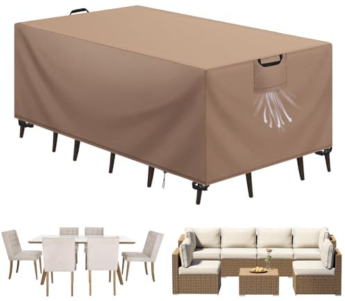 Aujink Housse Salon de Jardin Bâche Housse Table de Jardin Tissu Oxford 420D Couverture de Protection Meubles Exterieur Imperméable, Coupe-Vent, Anti-UV Housse de Meubles en rotin, Kaki, 210x110x74 cm