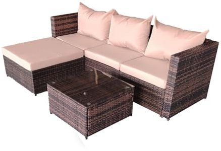 COZYBRITE Garden Furniture Rattan Corner Sofa Set with Glass Coffee Table Ottoman Cover for Patio Outdoor Lounge All-weather SFS066 (Mix Dark Natrual Brown+Brown Cushion)