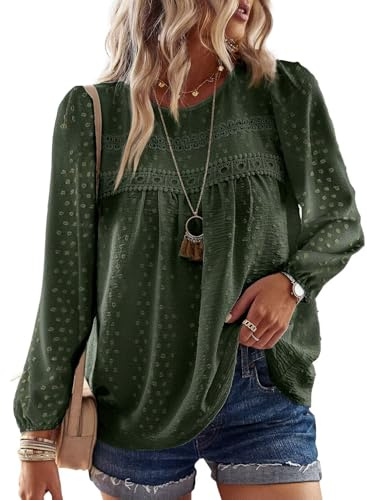 TUUHAW Womens Tops Autumn Round Neck Flowy Chiffon Boho Lace Tunic Shirts | Long Sleeve Tunic Tops for Women, Boho Crochet Chiffon Blouses, Flowy Lace Hem Clothing, Cute Elegant Business Peasant