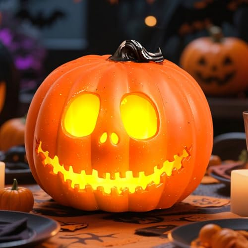 Halloween Deko Kürbis LED, Halloween Kürbis Laterne Beleuchtet, 2025 Neu Helloween Deko Kürbisse Groß Outdoor, Halloweendeko Plastik Kürbisse Outdoor, für Helloween Party Deko (D)