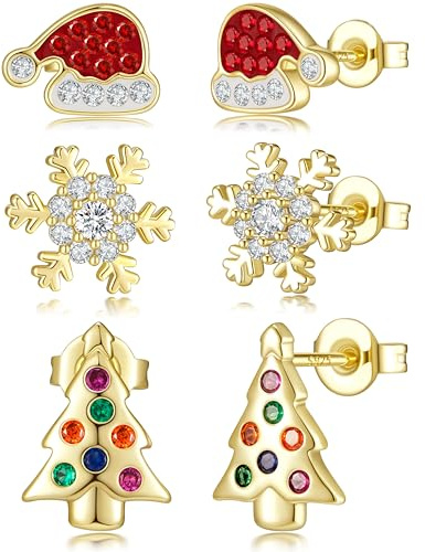 MACACHII 3 Paar Ohrringe Weihnachten Mädchen Silber 925 Weihnachtsohrringe Damen, Schneeflocke Tannenbaum Weihnachtsmütze Ohrstecker Set, Nickelfrei Hypoallergen Winter Weihnachtsschmuck für Kinder