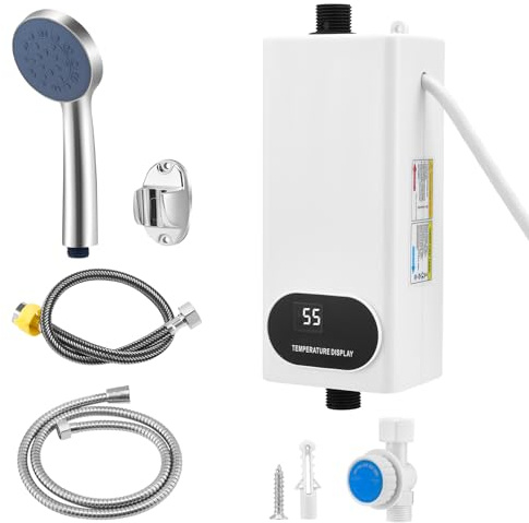 Calentador de agua sin depósito de 5500 W con juego de ducha, calentador de agua instantáneo de 220 V con pantalla digital LCD y botones táctiles, adecuado para ducha, baño/cocina/lavabo (E)