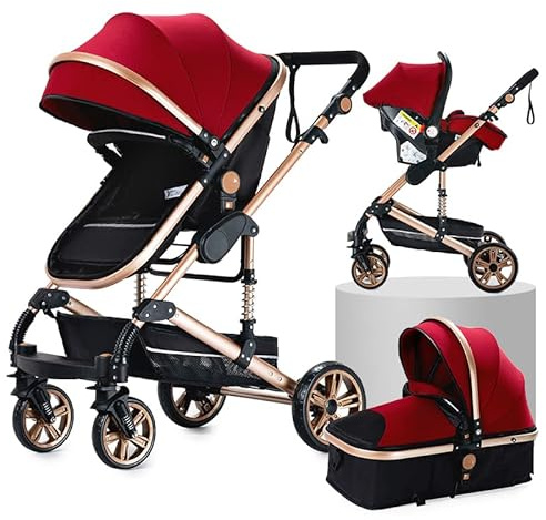 Kombikinderwagen 3-in-1, bidirektional mit Babywanne, verstellbar 105-180°, leicht faltbar, 4 Räder (XR003-RED)