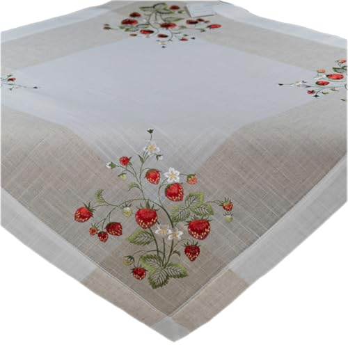 texpot Tischdecke 85 x 85 cm Stickerei Erdbeeren Leinenoptik Sommer Frühling