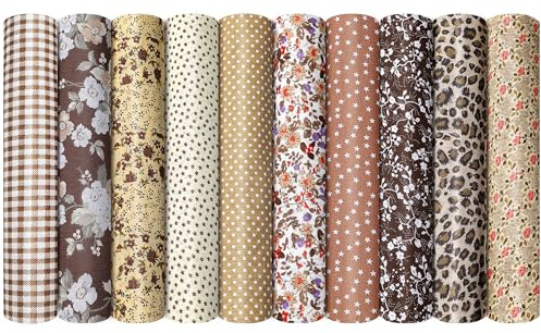 VIRETH HAUS 10er-Set Baumwollstoff, 50 x 50 cm Stoffe zum Nähen, Braun | 100% Baumwolle Stoffpakete, Nähstoff & Patchwork Stoffe zum Quilten, DIY Basteln, Handwerken, Puppenkleidung & Dekoration
