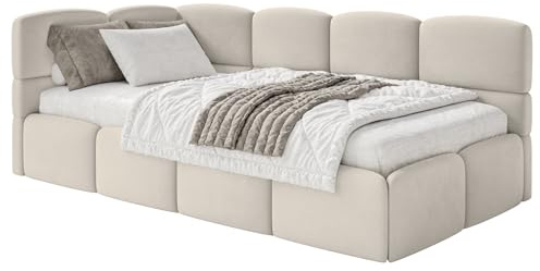 Selsey Jugendbett 120x200cm Hellbeige mit Matratze und Lattenrost, gepolstertes Polsterbett mit Stauraum und Bettkasten, Jugendbett linksseitig mit Eckkopfteil, Kinderbett 120x200 für Jugendzimmer