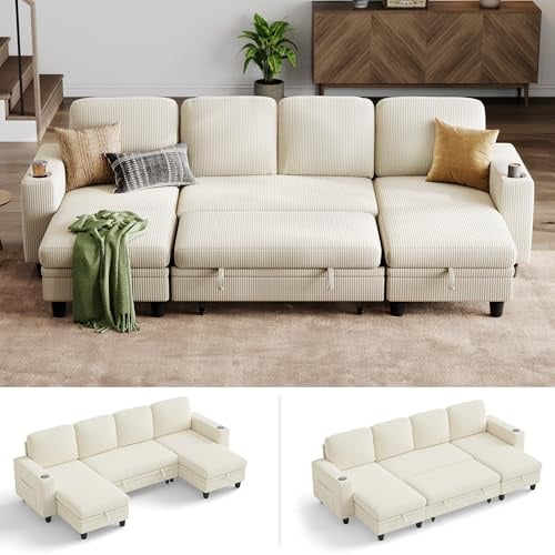 LINSY HOME Schlafsofa Ausziehbarer Couch, Ecksofa mit Schlaffunktion, Beige | Stauraum, Cord-Bezug U-Form Modulare Sofas mit Chaiselongue für Wohnzimmer und Wohnungen