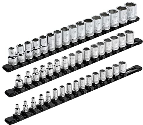 ARES 70087-3-Piece Aluminum Socket Organizer - 1/4-Inch, 3/8-Inch, and 1/2-Inch Drive Socket Rails Hold 48 Sockets and Keep Your Tool Box Organized