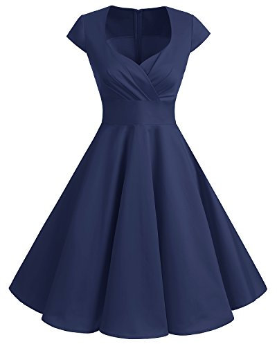 bbonlinedress 1950er Vintage Retro Cocktailkleid Rockabilly V-Ausschnitt Faltenrock Navy 3XL