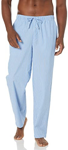 Amazon Essentials Herren Gewebte Straight-Fit Pyjamahose Mit Taschen, Hellblau Streifen, L