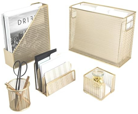 Blu Monaco 5-teiliges niedliches Bürobedarf-Gold-Schreibtisch-Organizer-Set - Zeitschriftenhalter, Stiftschale, Haftnotizenhalter, Briefsortierer - Gold-Schreibtisch-Zubehör