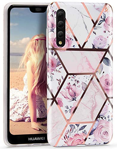 Imikoko for Huawei P20 Pro Case, P20pro Floral Phone Cover Glitter Rose Gold Striped Clear Bumper Design Soft Shockproof Case for Huawei P20 Pro (6.1 inch) 2018 Release - White Flower