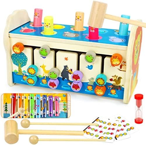 jerryvon Motorikspielzeug Montessori Spielzeug ab 1 Jahr, 4-in-1 Hammerspiel & Klopfbank mit Xylophon, Holzspielzeug Kinderspielzeug ab 1 Jahr, Baby Spielzeug Geschenk für 1 2 3 Jahre Mädchen Junge