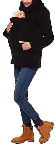 amropi Tragejacke für Mama und Baby 3 in 1 Damen Langarm Kapuze Känguru Umstandsjacke Warm Tragepullover mit Babyeinsatz Schwarz,XXL