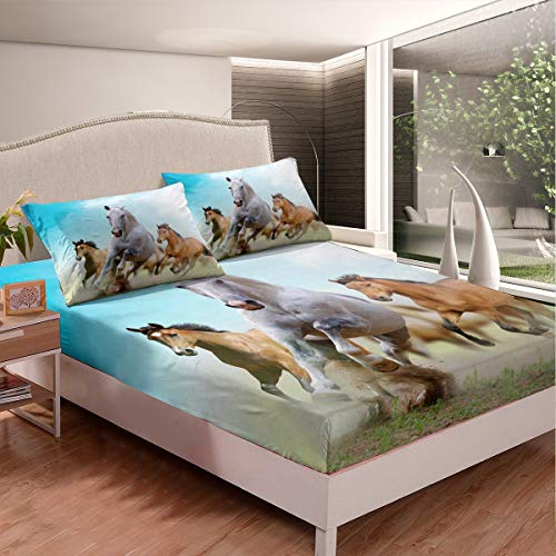 Loussiesd Pferd Spannbettlaken 90x200cm Galoppierende Pferde Gedrucktes Bettlaken Set für Kinder Frauen Männer 3D Wildtier Muster Spannbetttuch Wildlife Stil Mit 1 Kissenbezug