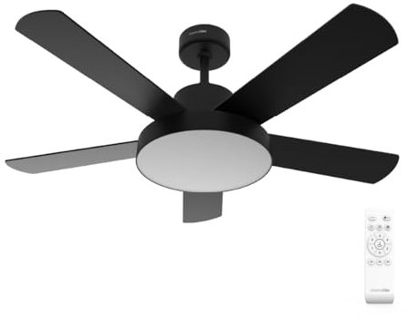 UNIVERSALBLUE Ventilador de techo con luz LED | Ventilador silencioso con Motor DC | Aspas reversibles color negro y madera | Potencia 60 W | Temporizador y mando a distancia | 6 Velocidades
