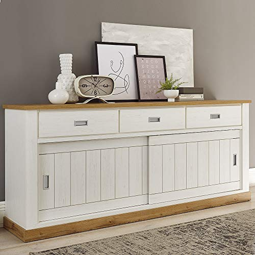 Lomadox Sideboard in Pinie Weiß mit Absetzungen in Wotan Eiche - B/H/T: 215/95/50 cm