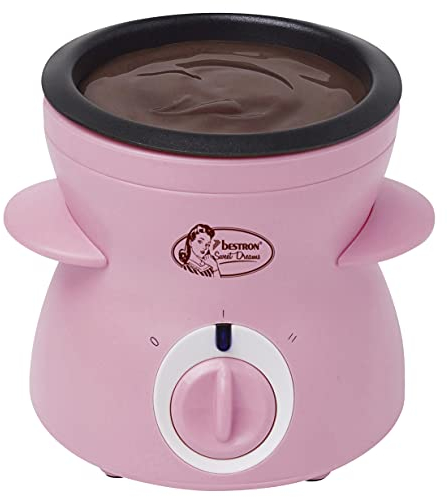 Bestron Fondue au chocolat pour 2 personnes, appareil a fondue au chocolat avec y compris 10 brochettes, 10 fourchettes et 1x spatule, mini-fondue, 25 watts, Couleur: Rose