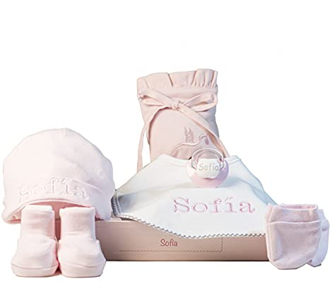 BebeDeParis: Personalisierter Baumwoll-Schnuller-Set und Lätzchen mit Namen, Neugeborenes, Unisex, Rosa