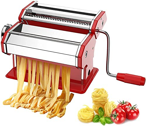 Nudelmaschine Manuelle Pasta Maker mit 9 Einstellbare Teigroller, 2 in 1 Nudelschneider, Handkurbel und Klemme, Edelstahl Rot Pastamaschine Nudel Making Maschine Geschenk für Frisch Spaghetti Lasagne