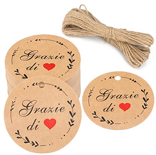 G2PLUS 100PCS Grazie di Cuore Etichette Regalo Kraft 5X5CM Rotonde Con Spago per Battesimo, Prima Comunione, Matrimonio