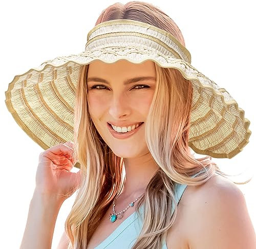 Ruphedy Women Wide Brim Visor Sun Hats Vintage Travel Beach Summer Hat UPF 50+ Adjustable/Foldable (GS014-Khaki)