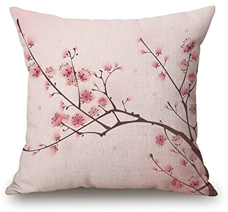 Solekla Federa decorativa per cuscino primaverile, 45,7 x 45,7 cm, rosa, fiore di ciliegio cinese, ramo di prugna giapponese, federe quadrate su entrambi i lati, federa per cuscino per divano
