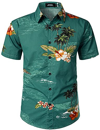 JOGAL Chemise à manches courtes en coton pour homme, Île verte, L