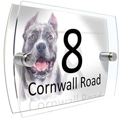 House Number Plaque Sign Door Road Plate for Dog Lovers Personalised Watercolour Print (D430 Pitbull)