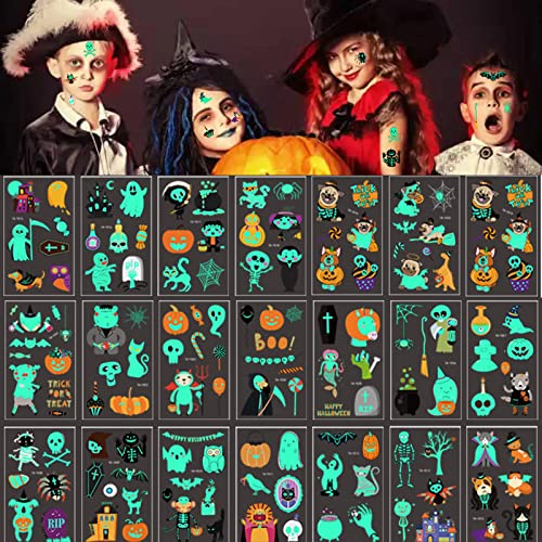 Halloween Tattoos, 20 Blätter Im Dunkeln leuchten Tattoos für Kinder Erwachsene, Kürbis Fledermäuse Hexe Skeleton Ghost Tattoos für Halloween Party Deko