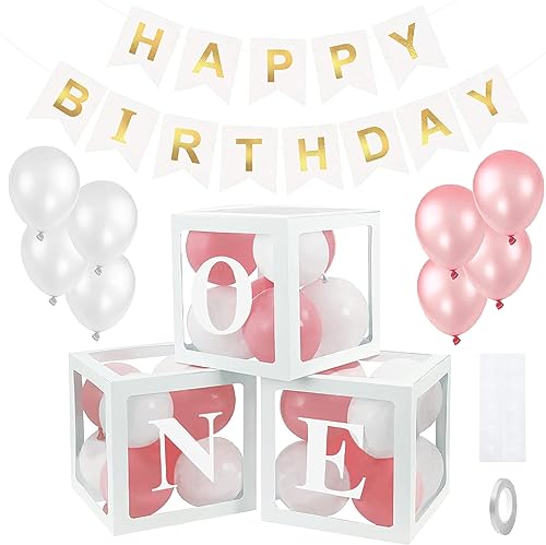 THATSRAD 1. Geburtstagsdeko Mädchen Geburtstag Ballon Box 3Pcs Transparente Ballon Boxen Luftballon Box mit 24 Rosa Weiß Luftballons Baby Shower Box Deko für babyparty 1.Geburtstag Babyshowerparty