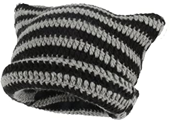 JERZO Katze Ohr Beanie Hut für Frauen, Gestreifte Häkeln Katze Mütze, Winter Warm Entzückende Y2k Zubehör (Black and Grey)