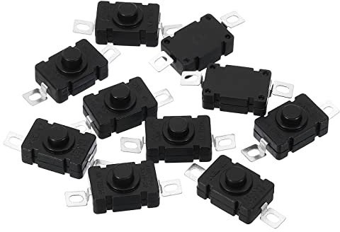 PATIKIL Latching Push Button Switch, 10 Pcs KAN-28 Flat Pin with Hole On/Off Self-lock AC 250V 1.5A Micro Switch for Flashlight Light Wall Outlet, Black