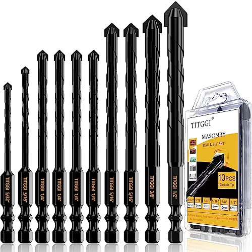 Concrete Drill Bit Set - Masonry Drill Bit, Professional Masonry Drill Bit Set (10PCS) for Concrete/Glass/Brick/Cement/Tile/Wood/Etc, Industrial Strength Carbide Drill Bits Tip, 5/32-1/2 by TITGGI