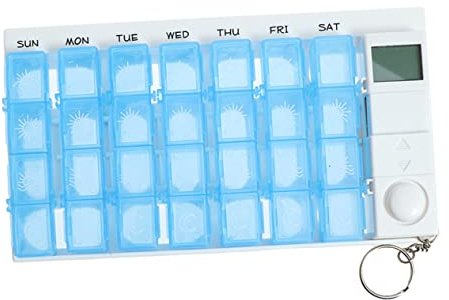 Digitale Medikamentendose mit Timer, 7 Tage 28 Fächer, Blau | Medikamentendose Tage mit Alarm, 4 Dosierfächer, Abnehmbare Einzelboxen für Wöchentliche Nutzung