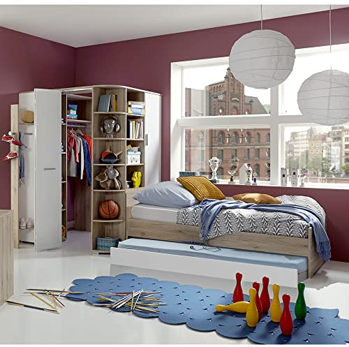 Lomadox Teenagerzimmer Jugendbett mit Ausziehliege und Eckkleiderschrank, begehbar und beleuchtet in Eiche Nb. mit weiß, B/H/T: ca. 328/201/180 cm