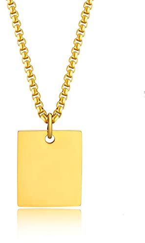 Epinki Edelstahl Halskette Herren, Anhänger Quadrat Dog Tag Glatt Erbskette, Gold Halskette für Männer 70CM