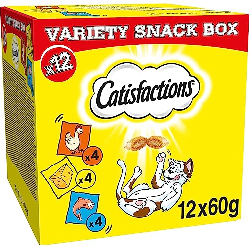 Catisfactions Snack per Gatto, Confezione mista con Pollo, Formaggio e Salmone, 1 Confezione (12 x 60 g)