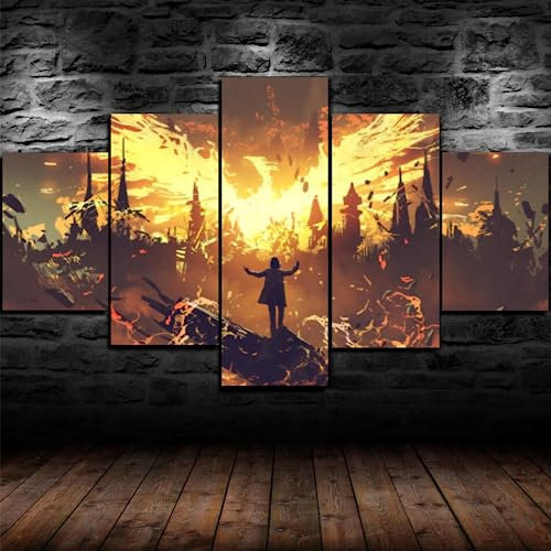 5 teiliges wandbild Spiel Science-Fiction 5 stück leinwand wandkunst,5 teilig leinwand wanddeko,leinwanddruck 5 teilig bilder wohnzimmer modern groß Magier beschwört Phönix,mit rahmen,xxl 100x55cm